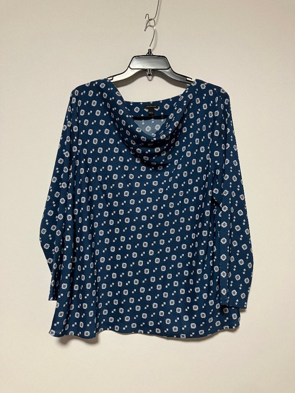 Ann Taylor Blue Mosaic Medallion Cowl Neck Long Sleeve Blouse, Size Large